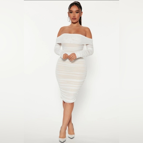 Fashion Nova Dresses & Skirts - "Ready in A Ruched" FashionNova Off Shoulder White Midi Dress - Size XL NWOT